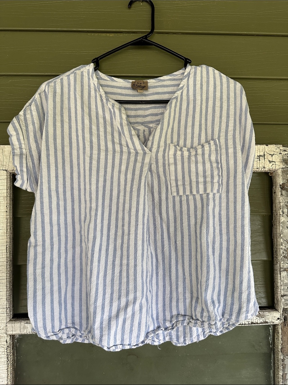Como Vintage Blue and White Striped V-Neck Tunic